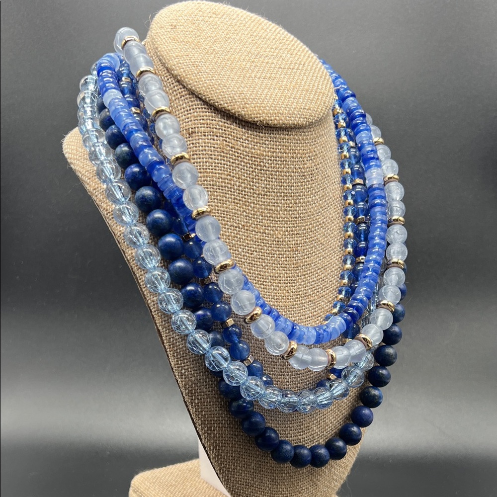 LOFT Blue Multi Strand Beaded Statement Necklace Layered Gold Tone 16.5–20” - Picture 4 of 6